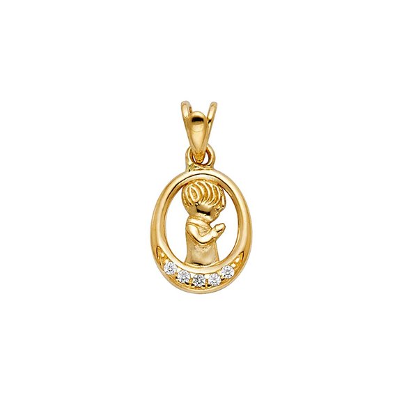 14K Yellow Gold Cubic Zirconia Boy Prayer Religious Pendant
